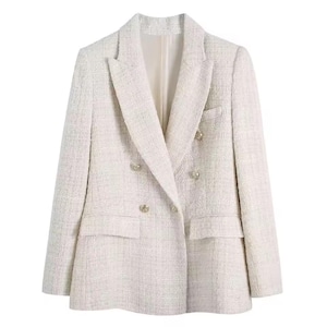 May include: A light-colored double-breasted blazer with gold-colored buttons. The blazer has a textured fabric and two front pockets. The lapels are notched, and the blazer is fully lined. A classic and versatile piece of outerwear.