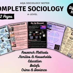 May include: A set of colorful printable sociology notes for A-level students. The notes cover topics like functionalist views, new age movements, crime and deviance, family diversity, research methods, families and households, education, beliefs, and crime and deviance. The notes are 102 pages long and are available as a digital item.