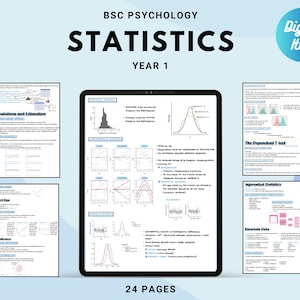 Könnte beinhalten: Ein digitaler Download von 24 Seiten mit Statistiknotizen für einen Psychologiekurs im ersten Studienjahr. Die Notizen beinhalten Grafiken, Diagramme und Text über Populationen und Schätzung, Effektgröße, Signifikanz, den abhängigen t-Test, Inferenzstatistik und bivariate Daten.