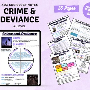 Puede incluir: Una descarga digital de 26 páginas de notas de sociología sobre el crimen y la desviación. Las notas incluyen un diagrama de los diferentes tipos de crimen y desviación, así como estadísticas sobre el crimen y la etnicidad, la teoría de la tensión de Merton y la distribución social del crimen.
