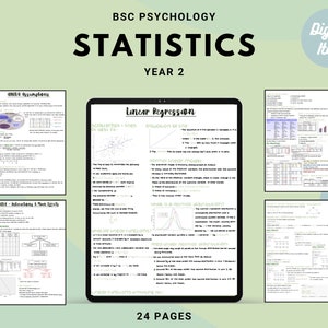 May include: A digital download of 24 pages of statistics notes for a second-year psychology course. The notes cover topics like linear regression, normal distribution, and ANOVA assumptions. The notes are in a digital format and are ideal for students studying psychology.