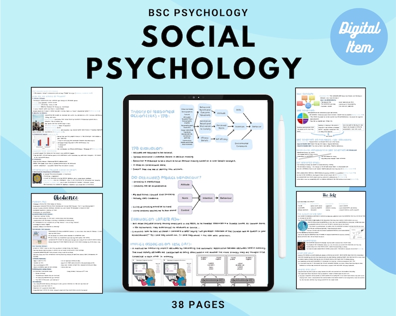 May include: A digital resource for a social psychology course. The resource includes 38 pages of notes and diagrams on topics such as obedience, the self, and the theory of reasoned action. The resource is labeled "BSC Psychology Social Psychology" and "Digital Item".