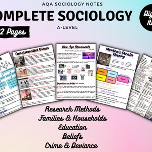 May include: A set of colorful printable sociology notes for A-Level students. The notes cover key concepts, functionalist views, new age movements, Merton's strain theory, family diversity, research methods, families and households, education, beliefs, and crime and deviance. The notes are 102 pages long.
