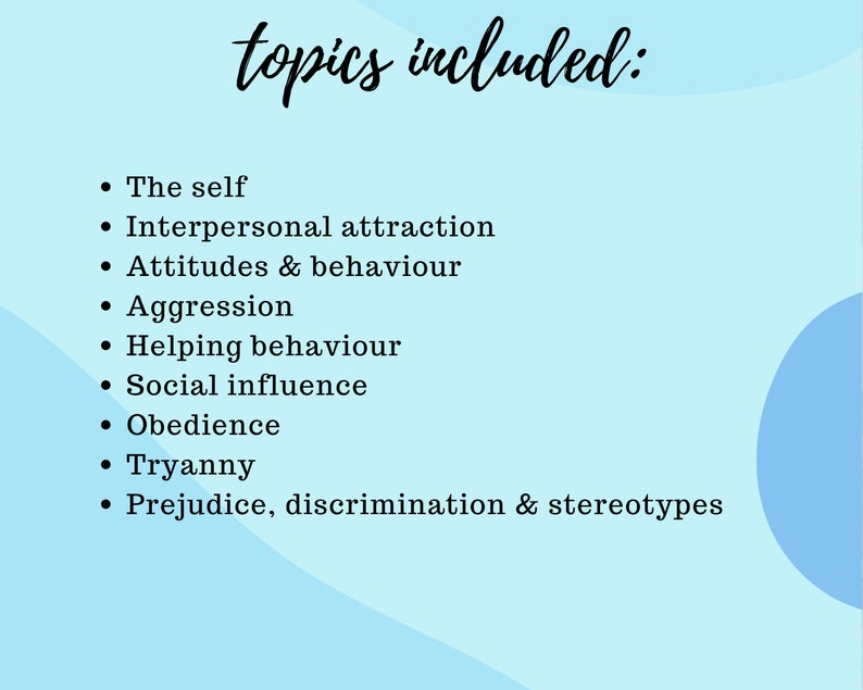 May include: A list of topics related to social psychology, including the self, interpersonal attraction, attitudes and behavior, aggression, helping behavior, social influence, obedience, tyranny, and prejudice, discrimination, and stereotypes.