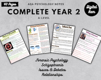 AQA A-level Psychology full handwritten printable notes:  COMPLETE YEAR 2
