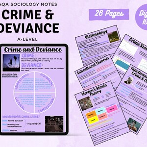 Peut inclure: Un téléchargement numérique de 26 pages de notes de sociologie sur le crime et la déviance. Les notes sont organisées en sections avec des titres tels que "Crime et déviance", "Victimologie", "Théories subculturelles", "Théorie de la tension de Merton", "Statistiques criminelles" et "Point de vue fonctionnaliste sur le crime et la déviance". Les notes sont dans un schéma de couleurs violet et blanc.