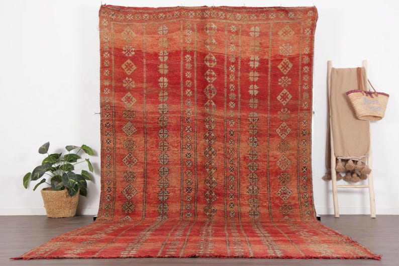 Vintage Moroccan rug - Red Boujaad rug - Berber Carpet - Handmade rug - Funky rug - Large Area rug - Morrocan rug 7x12 - Shag rug - 70s rug image 1