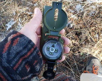 Lensatic Compass - Traditional Phosphorescent Military Style with Nylon Carry Pouch