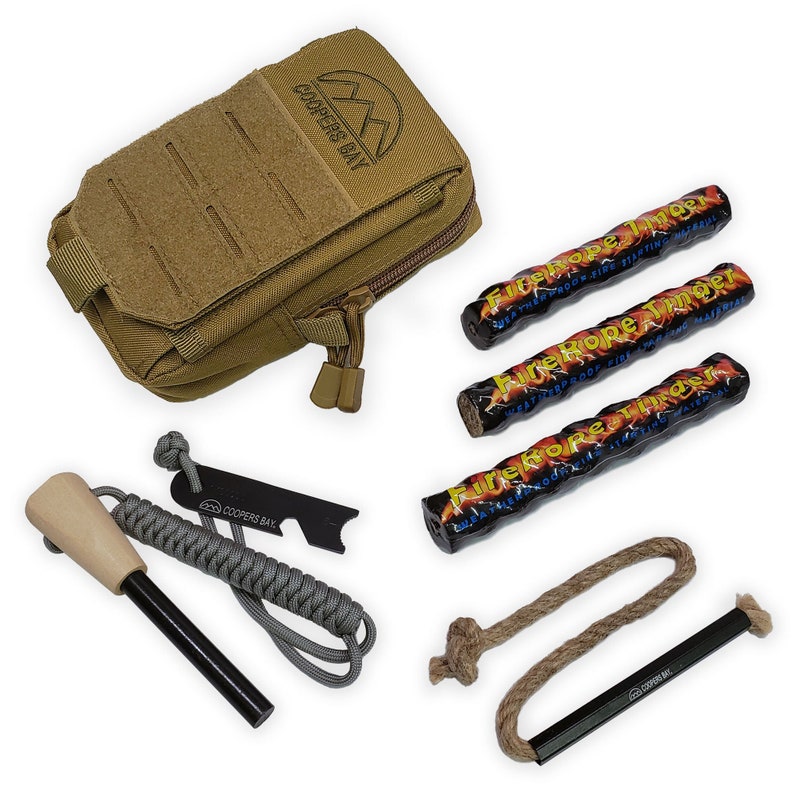 Complete Ferro Rod Fire Starter Kit with Tinder and Bag by Coopers Bay Outdoors Tan