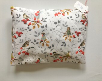 Lavender pillow with ticking, fairies, birds and rose hips, cream-white, red, Nordic fabric