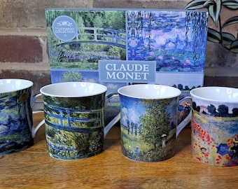 Gift Boxed Set of 4 Mugs Claude Monet Design Fine Bone China Tea Coffee Cups 300ml