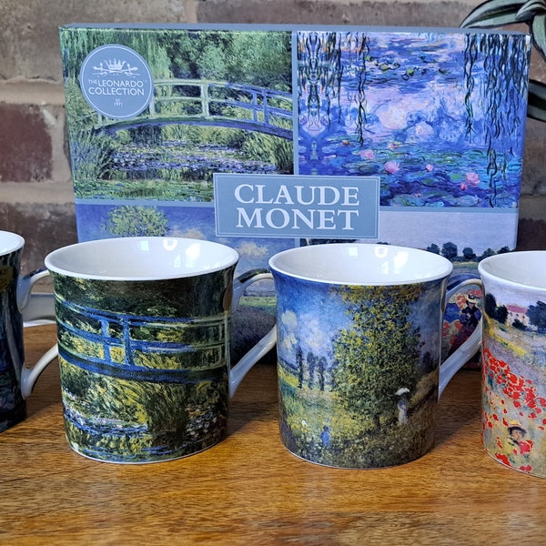 Juego de 4 tazas en caja de regalo, diseño de Claude Monet, tazas de café y té de porcelana fina de 300ml