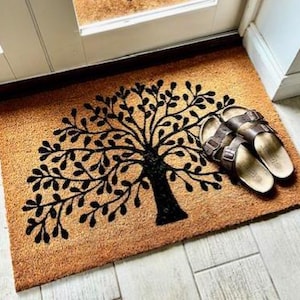 XLarge Coir Doormat Tree of Life Design Durable Non-Slip Natural Entry Doormat Tree of Life Patterned Gift Doormat