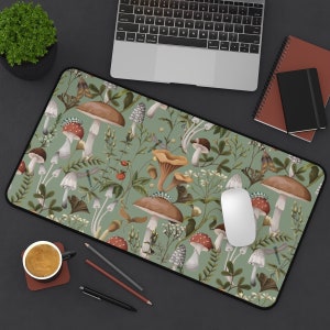 Sage Green mushroom mouse pad, Cottage core Desk Mat, Woodland Forest Mushroom Nature Desk accessories aesthetic, XXL Large Gaming Mousepad