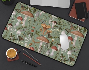 Sage Green Mushroom Desk Mat: Cottagecore Forest Mousepad