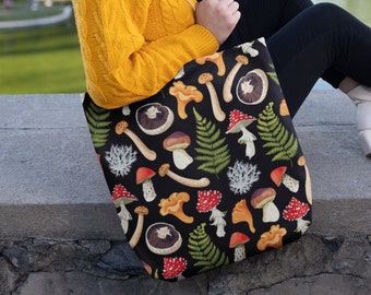 Mushroom Print Tote Bag, Cottagecore Reusable Shopping Bag