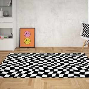 Black and white Swirl Checkered Rug, checkerboard rug, Groovy Funky 70s rug, Check Area Rug for bedroom aesthetic, black Chess Rug Dorm room