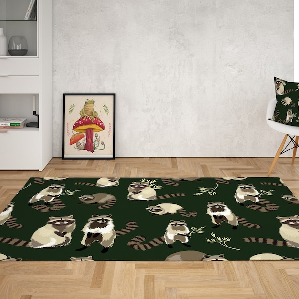 Forest Green Racoon Area Rug: Cottagecore Bedroom Decor