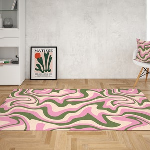 Green & Pink Wavy Trippy Rug, Funky Retro Danish Pastel, Area Rug for bedroom aesthetic, Retro rugs for living room, Y2k décor Dorm Décor