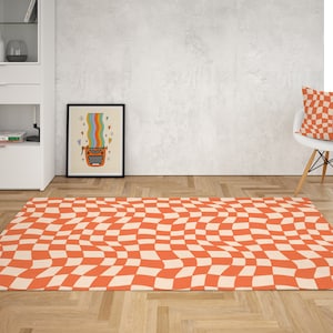 Orange Checkered Rug, Checkerboard rug, 70s Groovy Wavy Rug, Area Rug for bedroom aesthetic, Retro rugs living room, College Dorm room décor