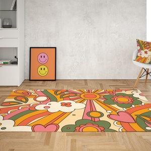 Daisy Floral Retro rug, Psychedelic Groovy 70s Rug, Wavy Trippy Rug, Area Rug for bedroom aesthetic, Retro rugs living room, Y2k décor Dorm