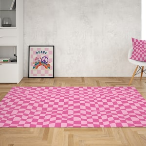 Pink Wavy Checkered Rug, Checkerboard rug, Groovy rug, Funky 70s rug, Area Rug bedroom aesthetic, Retro rugs living room, Dorm Room Décor