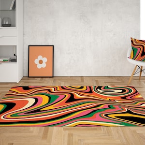 Orange Retro Swirl rug, Psychedelic Groovy 70s Rug, Wavy Trippy Rug, Area Rug for bedroom aesthetic, Retro rugs living room, Y2k décor Dorm