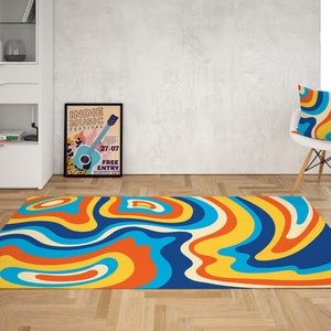 Blue Yellow Groovy Retro 70s Area Rug, Wavy Trippy Rug, Psychedelic Area Rug for bedroom aesthetic Retro rugs for living room Y2k décor Dorm