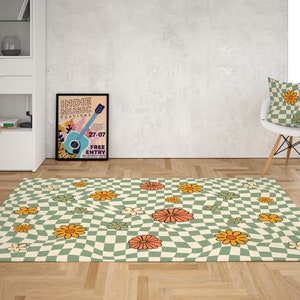 Sage Green Checkered Rug Retro Daisy flowers, Checkerboard rug, Groovy Funky 70s rug, Area Rug for bedroom aesthetic, Green Dorm room décor