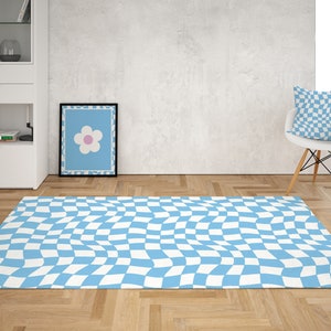 Blue swirl Checkered Rug, Funky Retro Danish Pastel, Checkerboard rug, Area Rug for bedroom aesthetic, Retro rugs for living room Dorm Teens