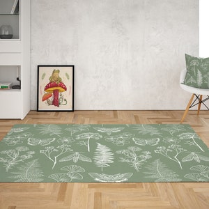 Sage Green Floral Area Rug, Fern leaves Moth Flower, Floral Botanical Rug Livingroom, Area Rug bedroom aesthetic, College Dorm room décor