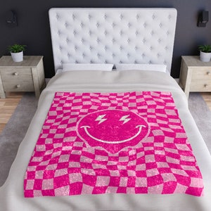 Pink Checkered Crushed Velvet Throw Blanket: Happy Face Preppy Dorm Decor