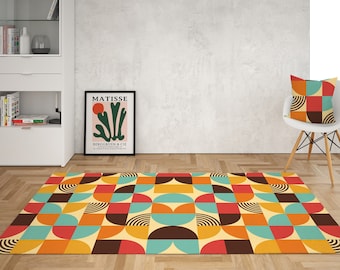 Orange Retro 70s Area Rug: Groovy Geometric Abstract Design