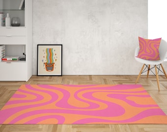 70s Groovy Area Rug: Pastel Orange Pink Wavy Design