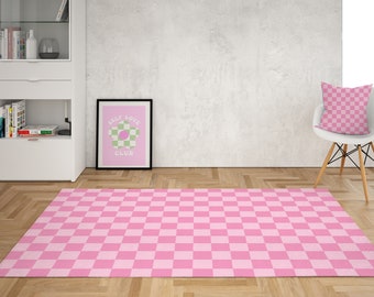 Pastel Pink Checkered Rug: Retro Danish Dorm Decor
