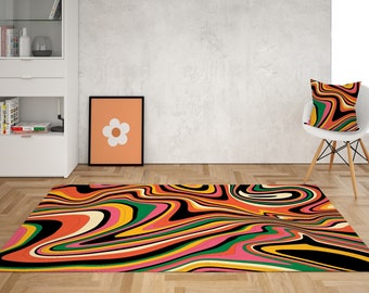 Orange Swirl Area Rug: Retro 70s Psychedelic Chenille Rug