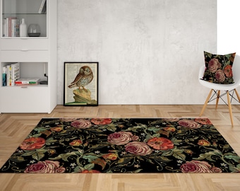Floral Wild Roses Area Rug: Dark Academia Cottagecore Decor