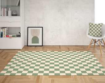 Sage Green Checkered Rug, Rug for bedroom aesthetic, Pastel Green rug for bedroom, Retro rugs for living room, Sage green College dorm décor