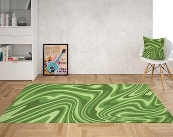 May include: Green and white abstract swirl patterned rug with a poster that says "Indie Music Festival 27.07 Free Entry" and a blue guitar on it.