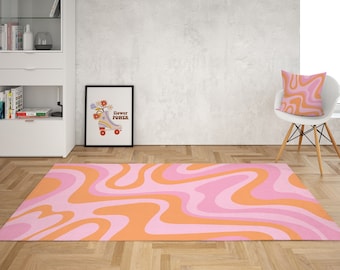 Retro Wavy Area Rug: 70s Groovy Pink Orange Decor