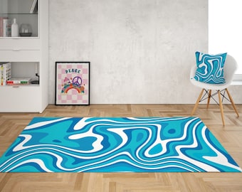 Blue & White Wavy Rug: 70s Retro Groovy Area Rug