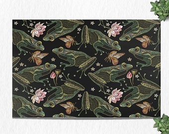 Goblincore Frog Area Rug, Black Chenille Polyester, Cottagecore Decor