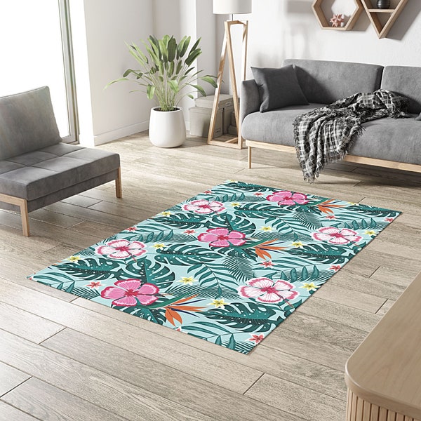 Teal Pink Floral Rug, Monstera hibiscus leaf indoor Outdoor Rug, Tropical flower rug, Jungle Leaves outdoor rug patio, Spring Floral beach