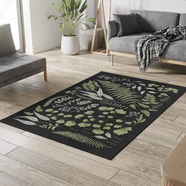 Black Vintage Fern Area Rug, Eucalyptus Floral Botanical Rug, Cottagecore room decor, Area Rug bedroom aesthetic, College Dorm room décor