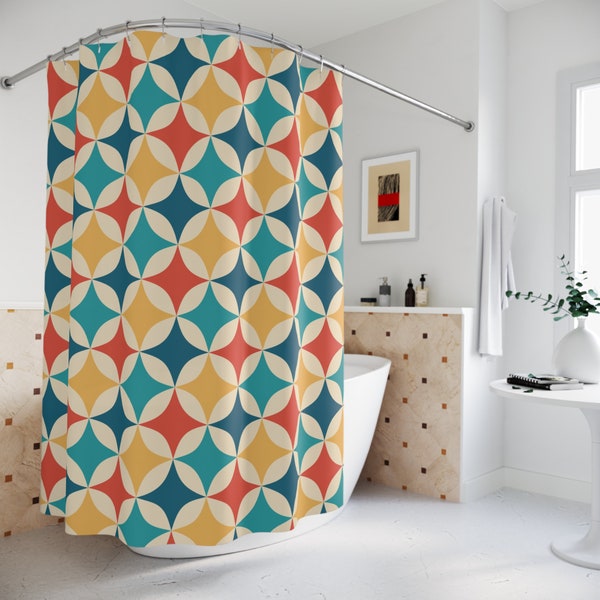 Mid Century Modern Shower Curtain, Abstract Retro Shower Curtain, Colorful Geometric bathroom decor, Vintage 70s 50s MCM bathroom,  Groovy