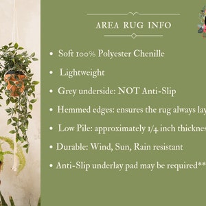 Puede incluir: Informaci&oacute;n sobre la alfombra: Suave 100% chenille de poli&eacute;ster, ligera, parte inferior gris, bordes doblados, pelo bajo (aproximadamente 6 mm de grosor), duradera (resistente al viento, al sol y a la lluvia), y es posible que se requiera una almohadilla antideslizante.