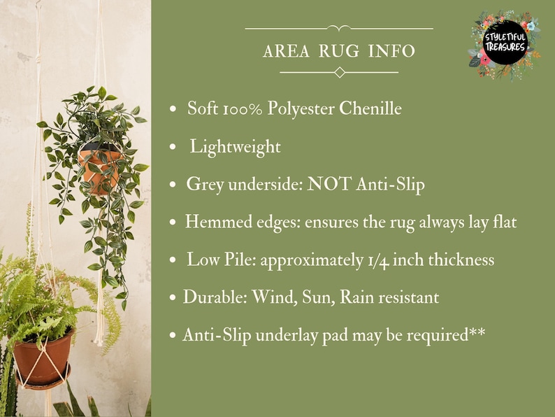 Puede incluir: Informaci&oacute;n sobre la alfombra: Suave 100% chenille de poli&eacute;ster, ligera, parte inferior gris, bordes doblados, pelo bajo (aproximadamente 6 mm de grosor), duradera (resistente al viento, al sol y a la lluvia), y es posible que se requiera una almohadilla antideslizante.