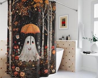 Gothic Forest Ghost Shower Curtain: Whimsigoth Halloween Bathroom Decor