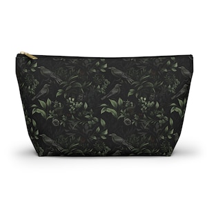 Raven Botanical Print Accessory Pouch: Gothic Toiletry Travel Case