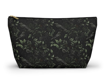 Raven Botanical Print Accessory Pouch: Gothic Toiletry Travel Case